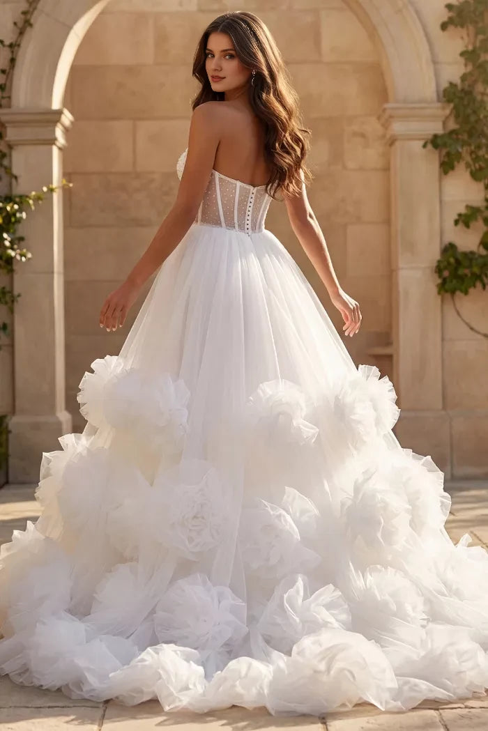 Whimsical Ballgown Strapless Beaded-Tulle Ruffled-Skirt Pearl-Button Back Train Length Wedding Dresses