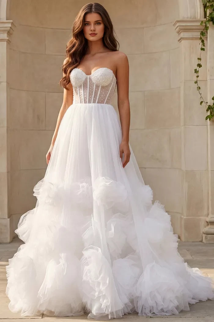 Whimsical Ballgown Strapless Beaded-Tulle Ruffled-Skirt Pearl-Button Back Train Length Wedding Dresses