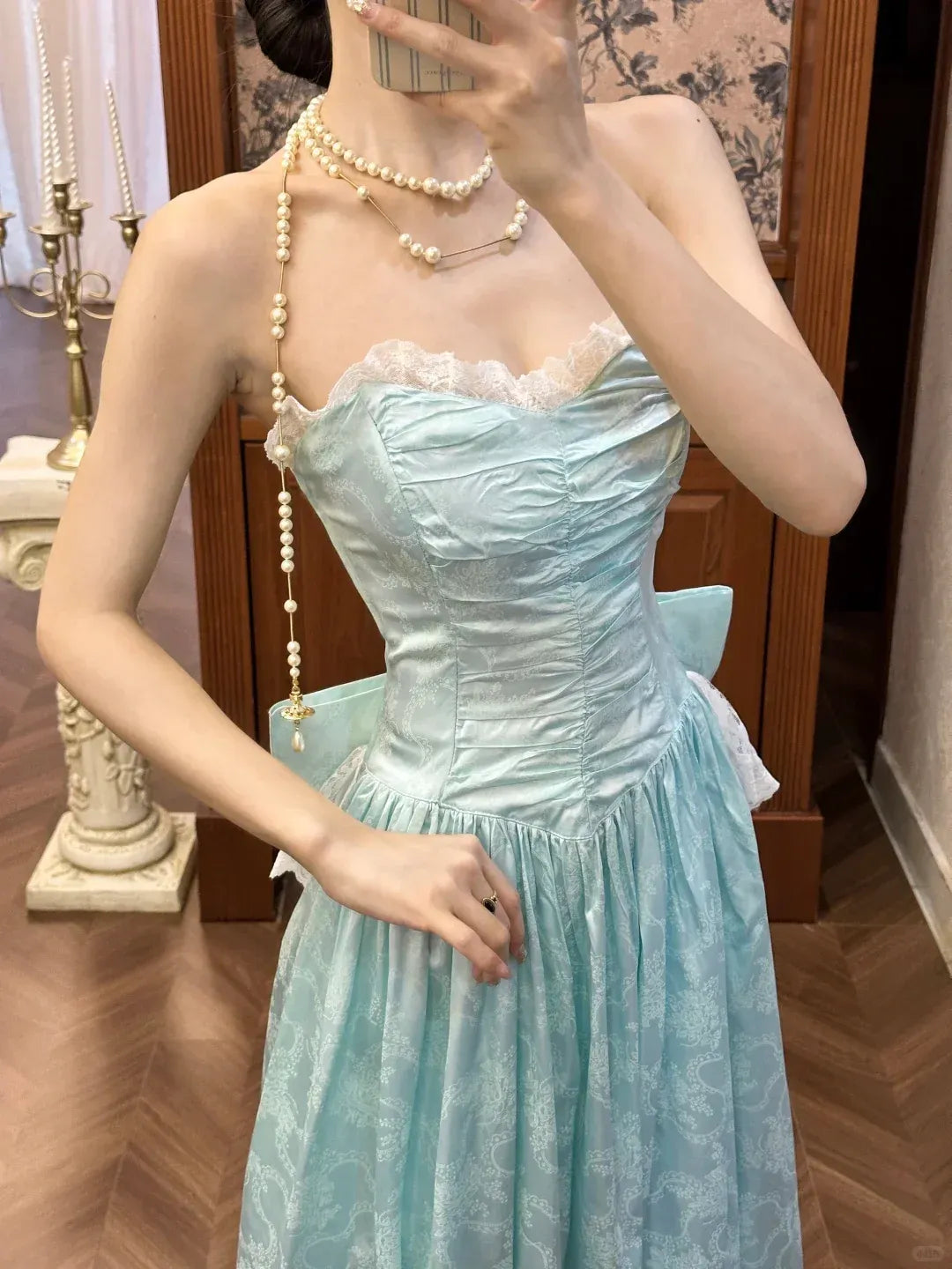 Whimsical A-Line Strapless Lace-Trim Bow-Back Floor-Length Prom Dresses