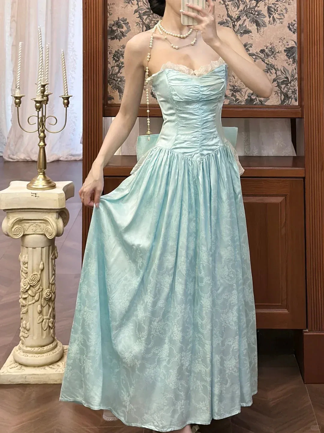 Whimsical A-Line Strapless Lace-Trim Bow-Back Floor-Length Prom Dresses
