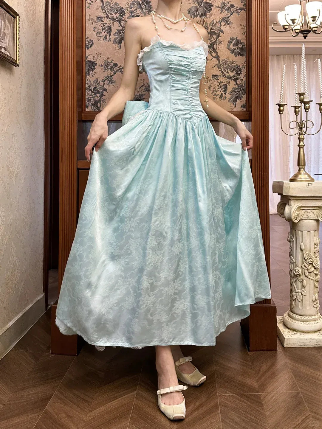 Whimsical A-Line Strapless Lace-Trim Bow-Back Floor-Length Prom Dresses