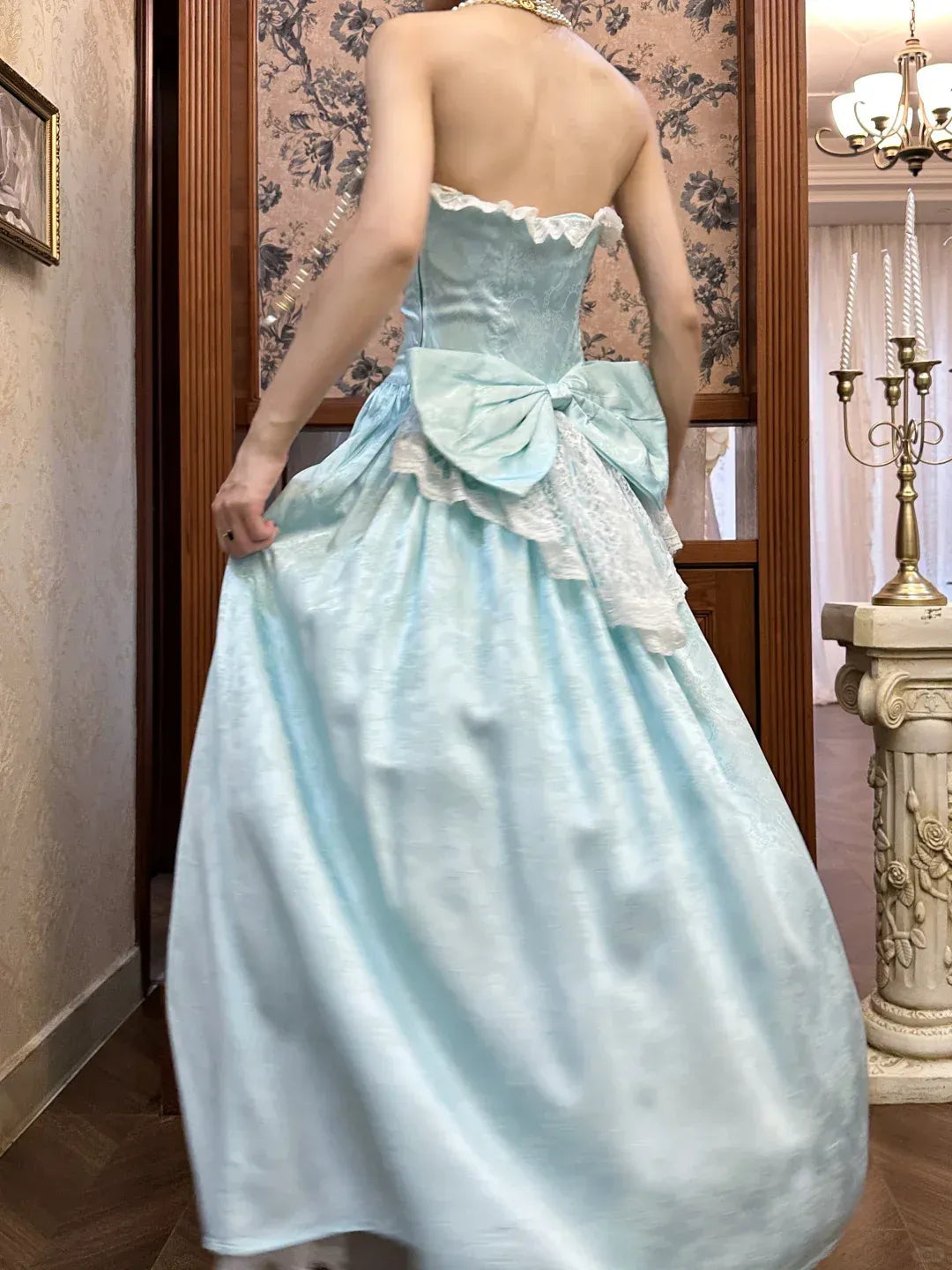 Whimsical A-Line Strapless Lace-Trim Bow-Back Floor-Length Prom Dresses