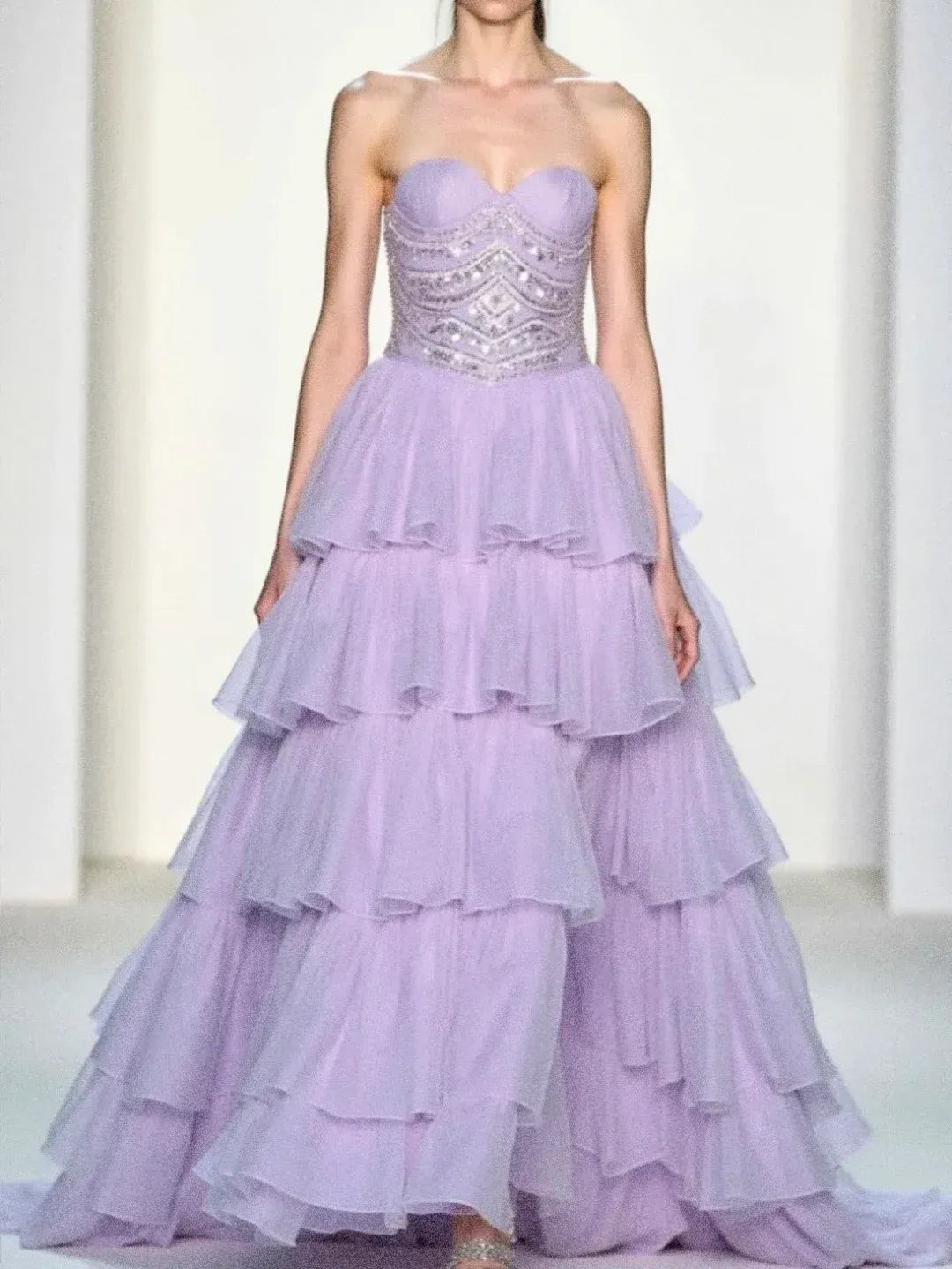 Whimsical Ball Gown Strapless Beaded Lavender Tulle Gown