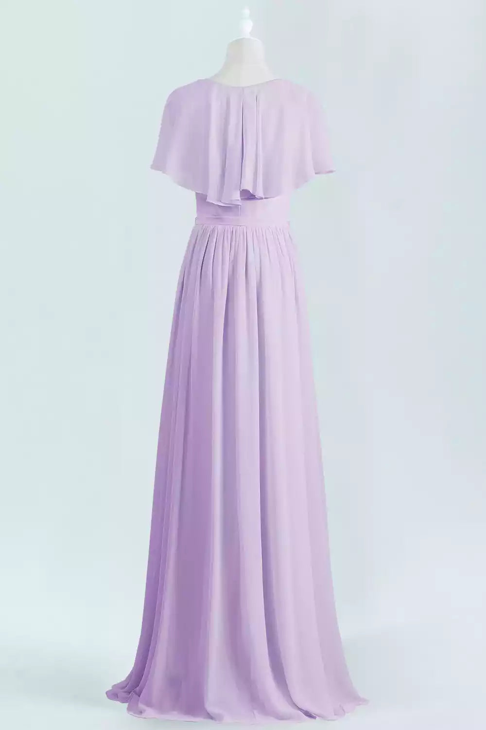 Whimsical Lavender Chiffon Gown with Flutter Cape Sleeves & V-Neck