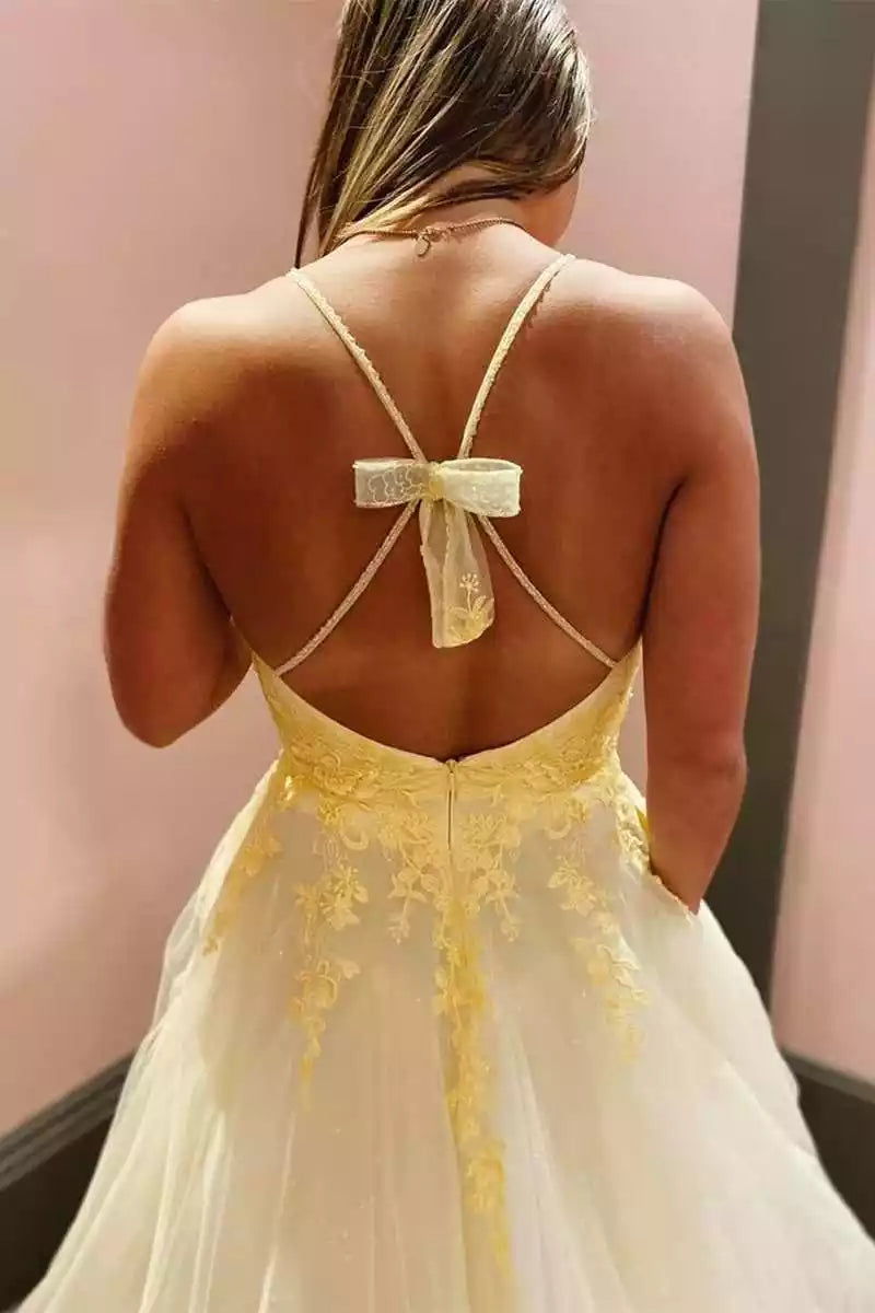 Whimsical Lemon Yellow Tulle Gown with Lace Bodice & Bow-Accented Crisscross Back