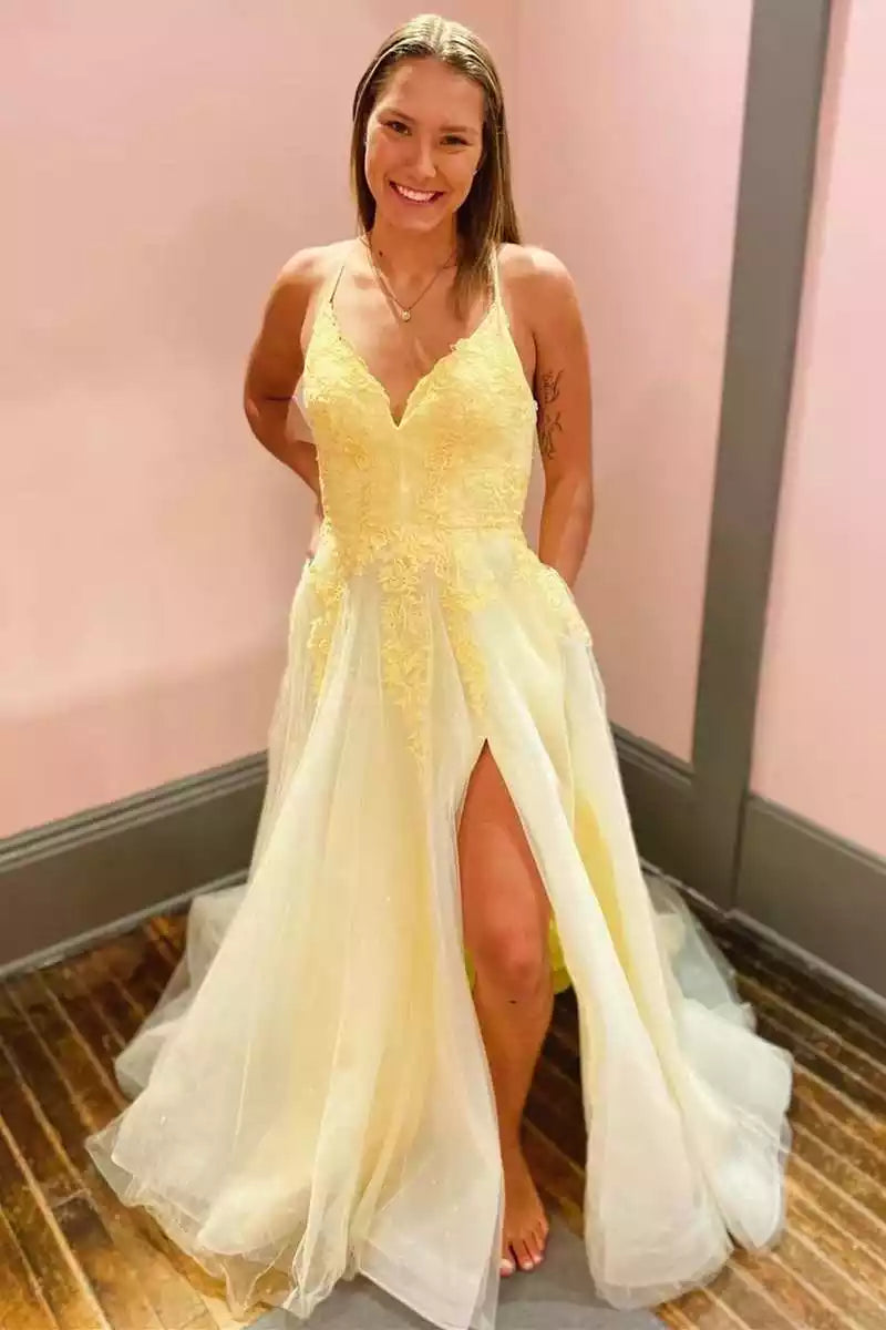 Whimsical Lemon Yellow Tulle Gown with Lace Bodice & Bow-Accented Crisscross Back