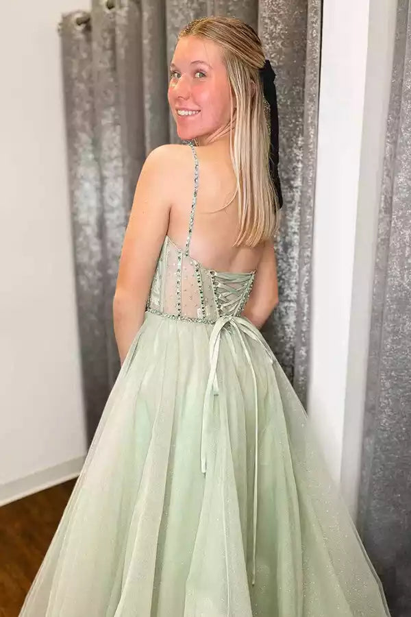 Whimsical Mint Green Glitter Tulle Ballgown with Beaded Bodice & Lace-Up Back