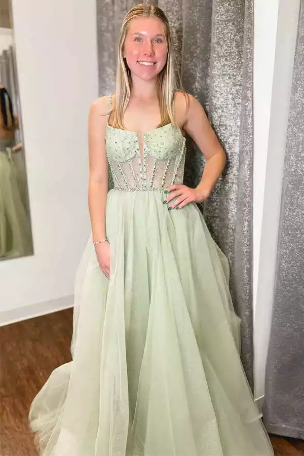 Whimsical Mint Green Glitter Tulle Ballgown with Beaded Bodice & Lace-Up Back