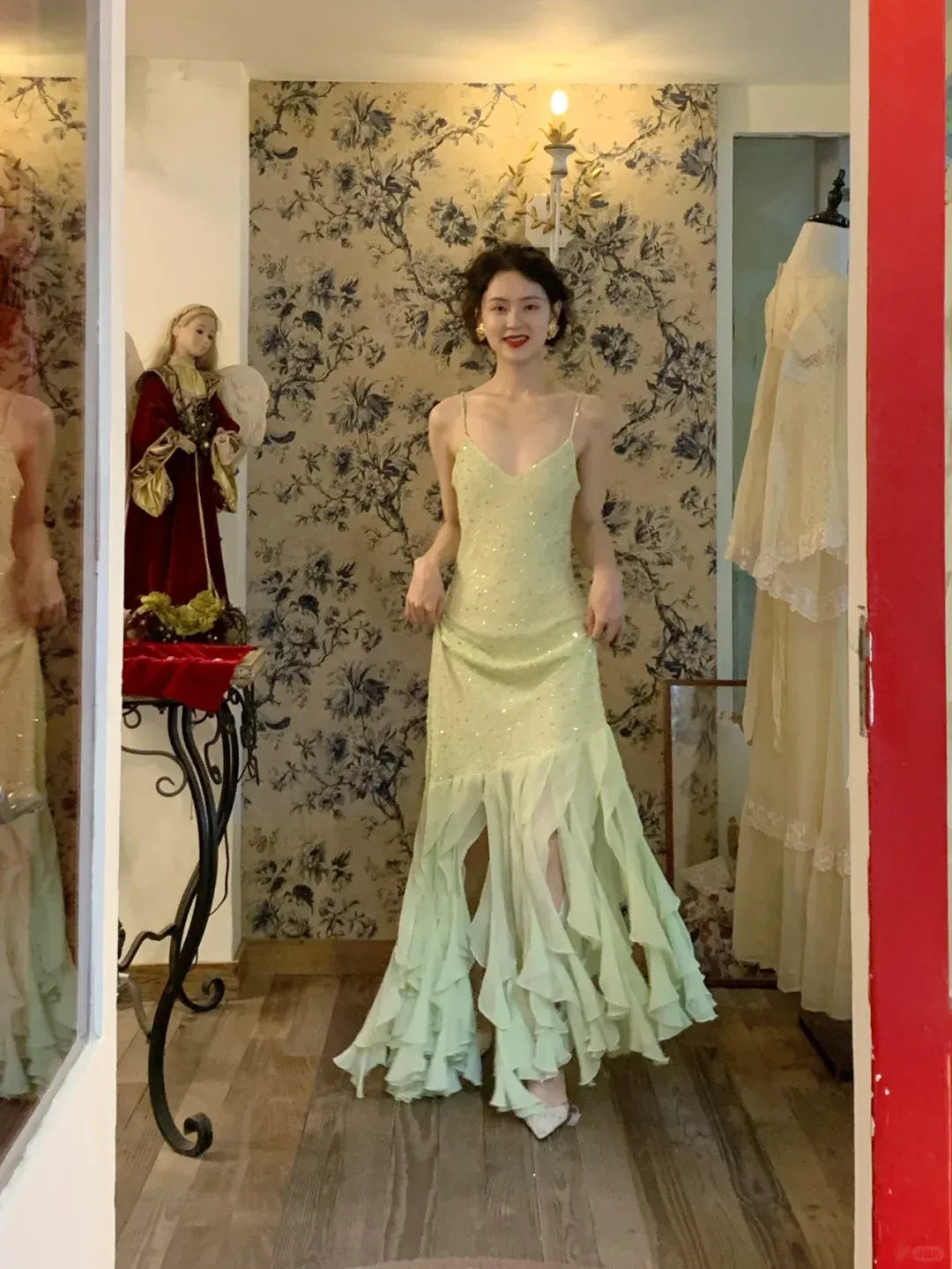 Whimsical Sage Green Beaded Tulle Tiered Ruffled Maxi Gown