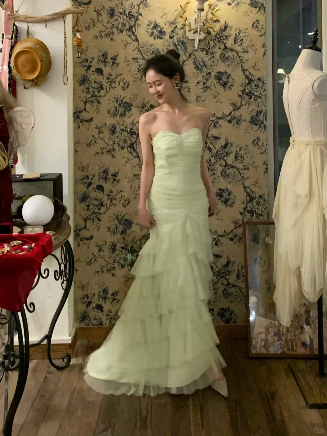 Whimsical Sage Green Tulle Strapless Tiered Ruffled Mermaid Gown