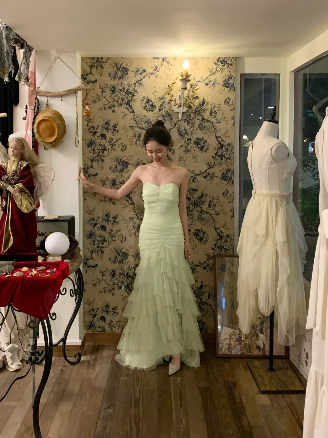 Whimsical Sage Green Tulle Strapless Tiered Ruffled Mermaid Gown
