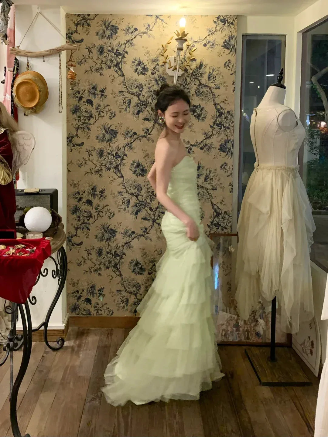 Whimsical Sage Green Tulle Strapless Tiered Ruffled Mermaid Gown