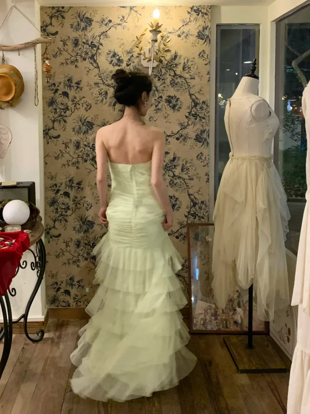 Whimsical Sage Green Tulle Strapless Tiered Ruffled Mermaid Gown