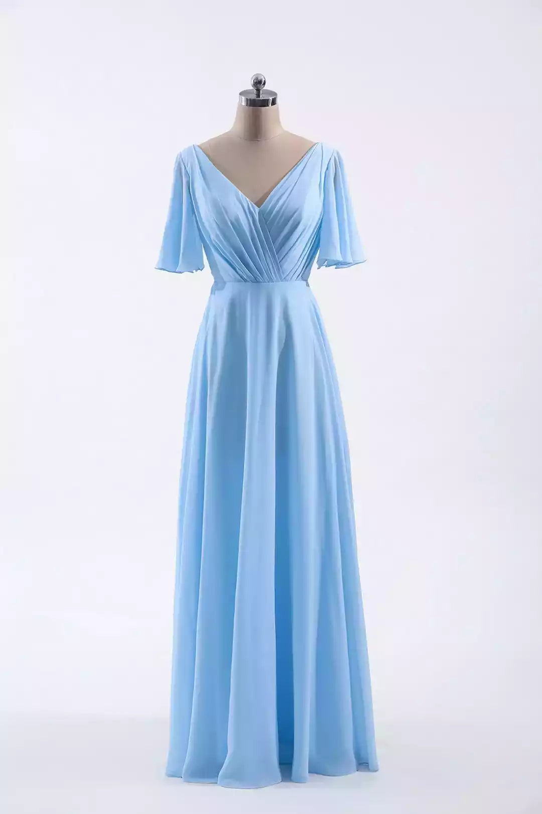 Whimsical Sky Blue Chiffon Gown with Flutter Sleeves & Keyhole Back