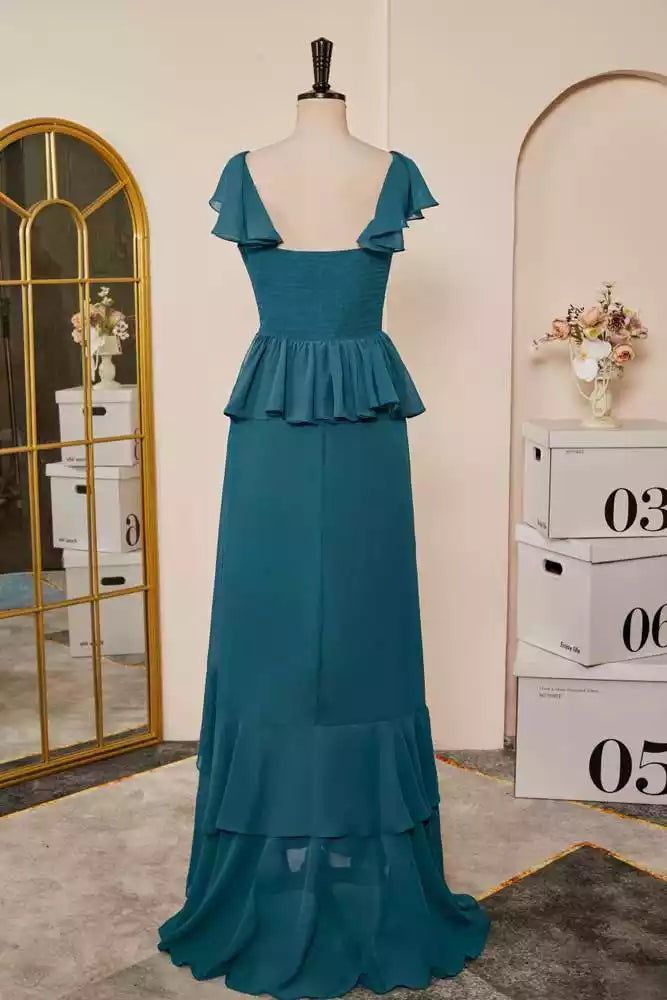 Whimsical Teal Chiffon Gown with Ruffled Flutter Sleeves & Tiered Peplum Silhouette