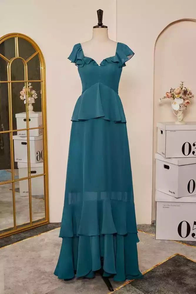 Whimsical Teal Chiffon Gown with Ruffled Flutter Sleeves & Tiered Peplum Silhouette