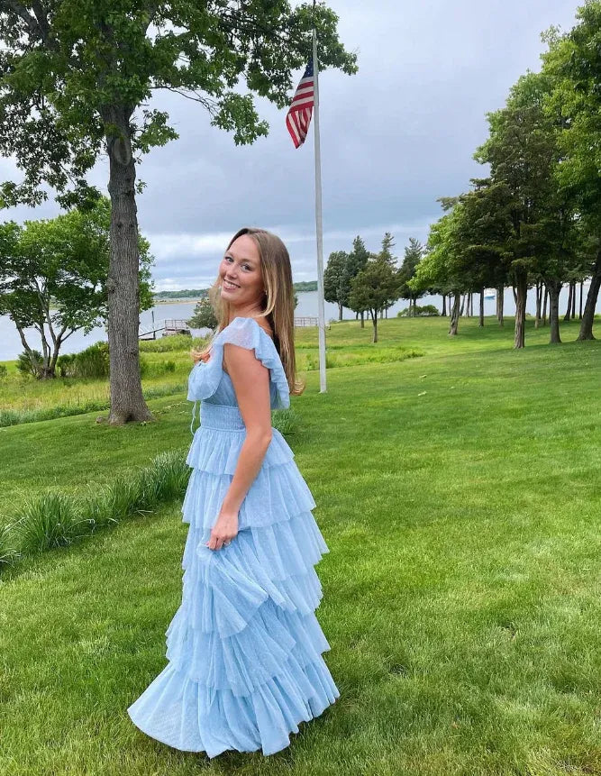 Whimsical Tiered Ruffled Swiss Dot Sky-Blue Tulle Maxi Dresses