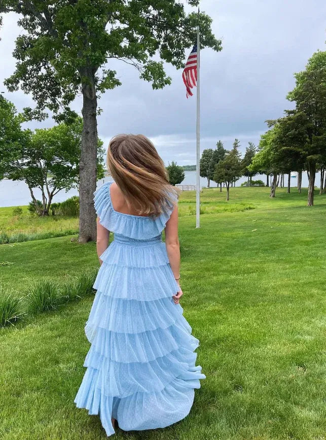 Whimsical Tiered Ruffled Swiss Dot Sky-Blue Tulle Maxi Dresses