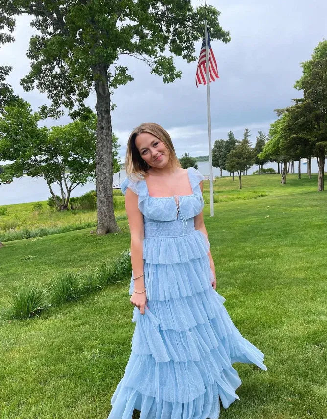 Whimsical Tiered Ruffled Swiss Dot Sky-Blue Tulle Maxi Dresses