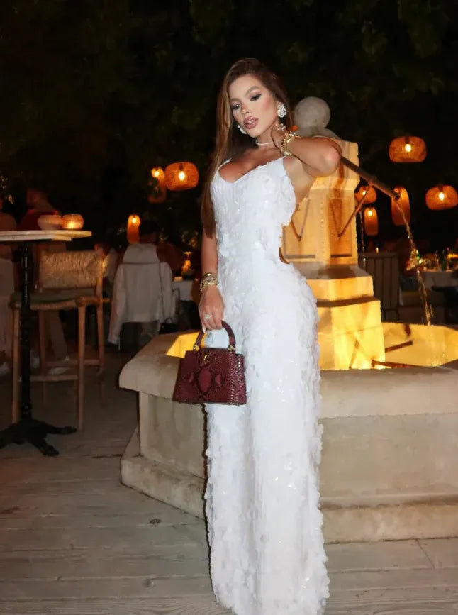 White 3D Floral Maxi Dress – Spaghetti Strap Bodycon Party Gown with Cut-Outs