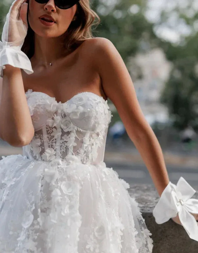 White 3D Floral Strapless Corset Mini Dress – Bridal Reception Cocktail Gown