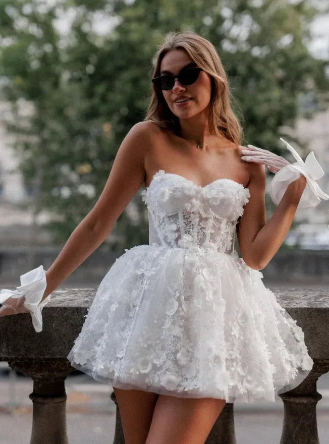 White 3D Floral Strapless Corset Mini Dress – Bridal Reception Cocktail Gown