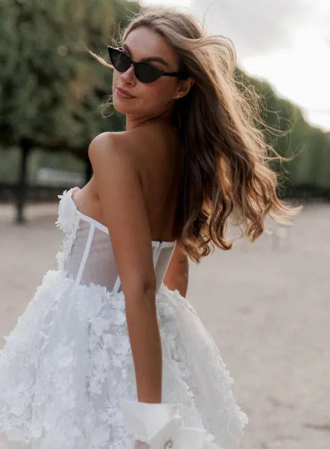 White 3D Floral Strapless Corset Mini Dress – Bridal Reception Cocktail Gown
