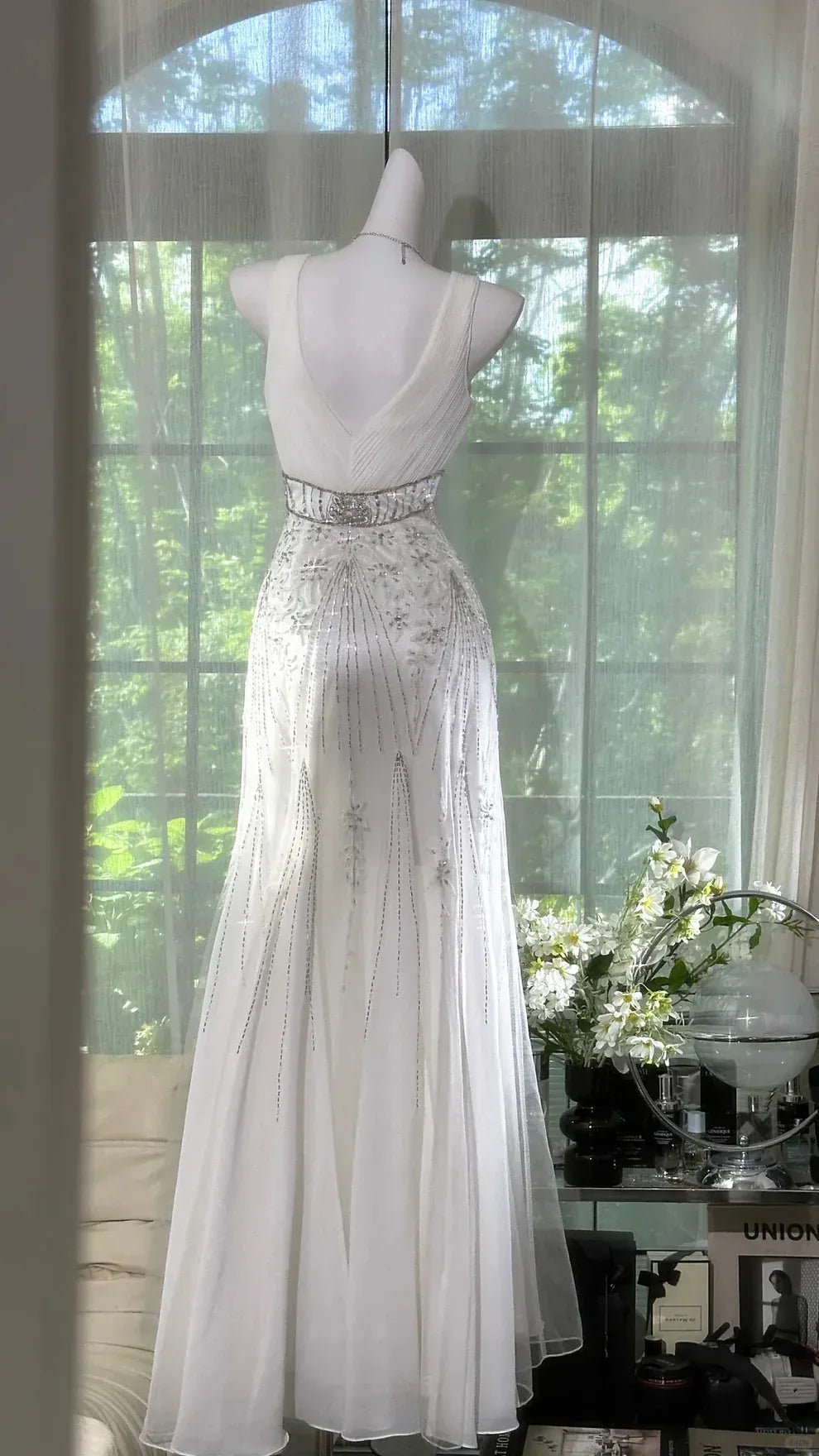 White Beaded Art Deco Maxi Gown – V-Back Embellished Wedding Dress