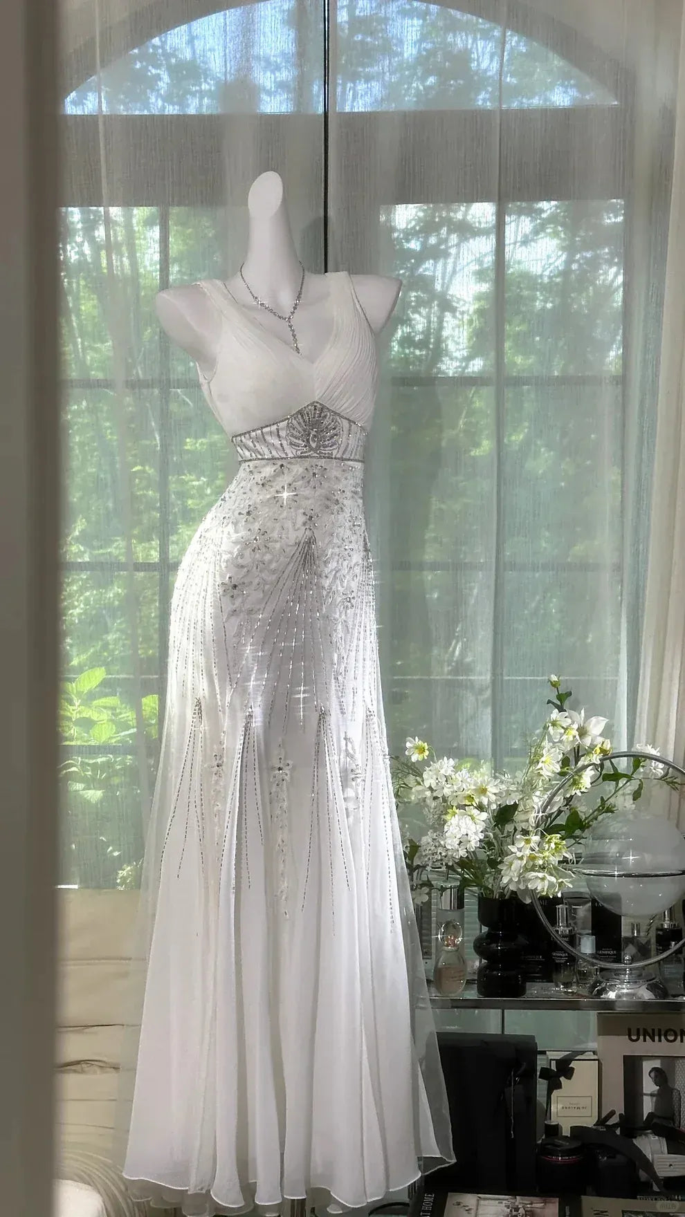 White Beaded Art Deco Maxi Gown – V-Back Embellished Wedding Dress