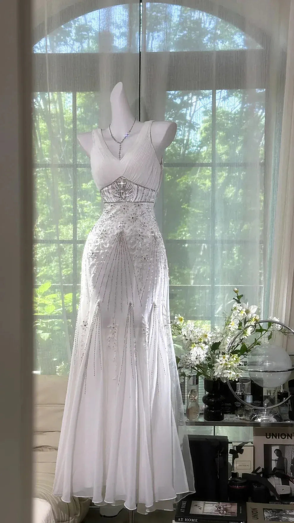 White Beaded Art Deco Maxi Gown – V-Back Embellished Wedding Dress