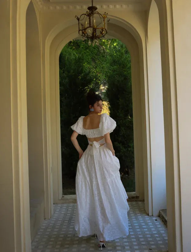 White Eyelet Off-Shoulder Back Tie Maxi Dress