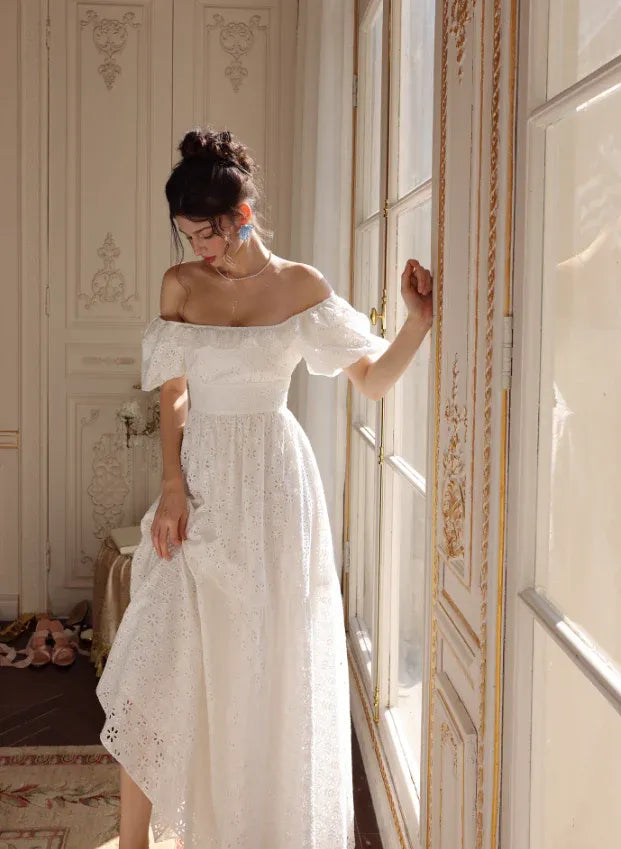 White Eyelet Off-Shoulder Back Tie Maxi Dress