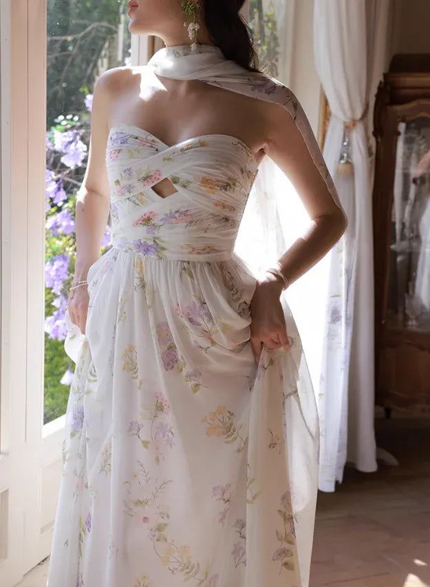 White Floral Strapless Maxi Dress with Scarf