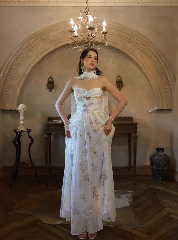 White Floral Strapless Maxi Dress with Scarf