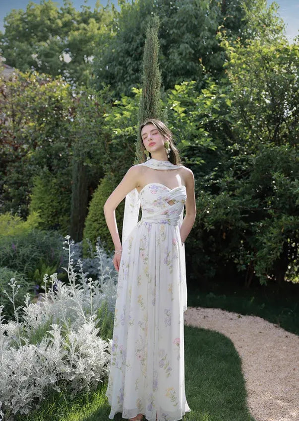 White Floral Strapless Maxi Dress with Scarf