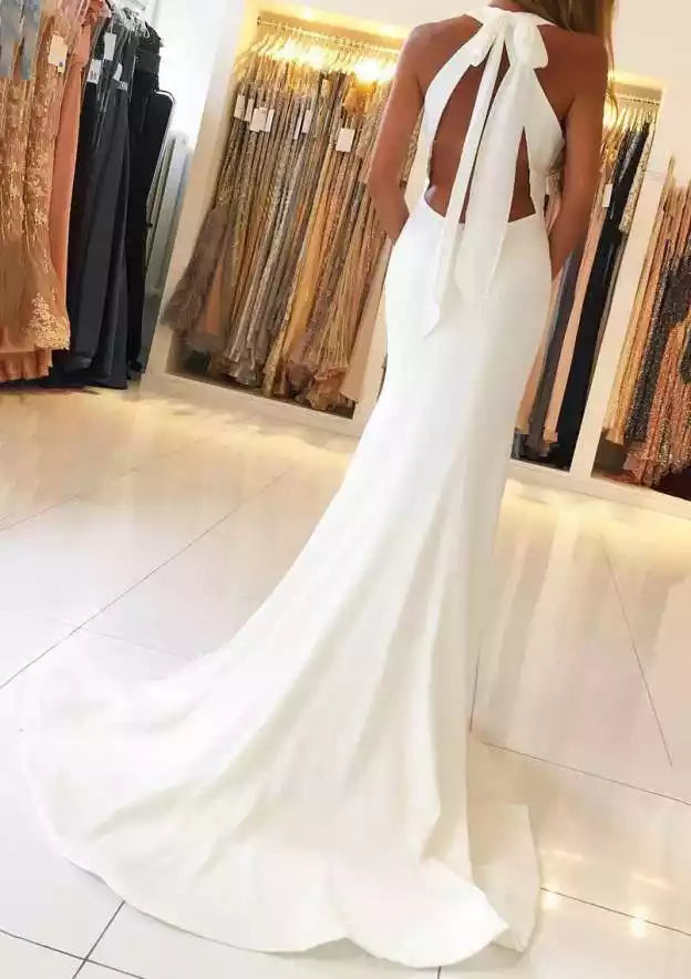 White Halter Bow-Back Mermaid Gown – Minimalist & Elegant Evening Party Dress