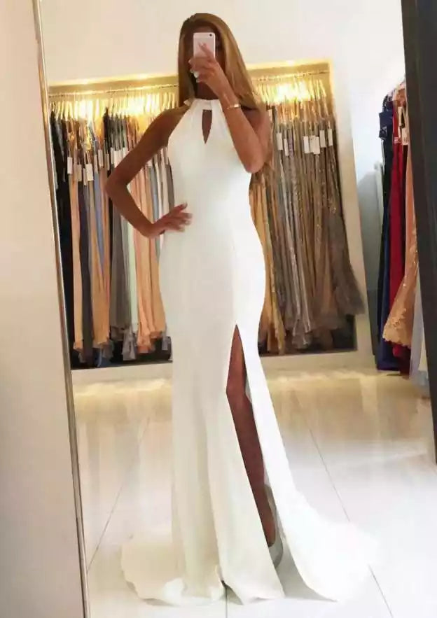 White Halter Bow-Back Mermaid Gown – Minimalist & Elegant Evening Party Dress