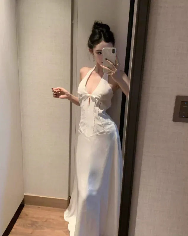 White Halter Bow Mermaid Gown – Evening Party Prom Wedding Dress