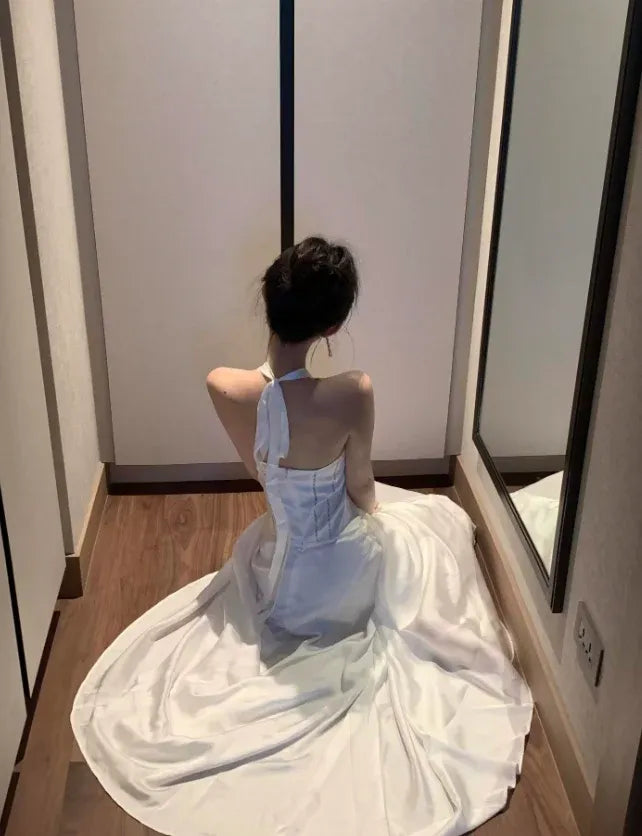 White Halter Bow Mermaid Gown – Evening Party Prom Wedding Dress