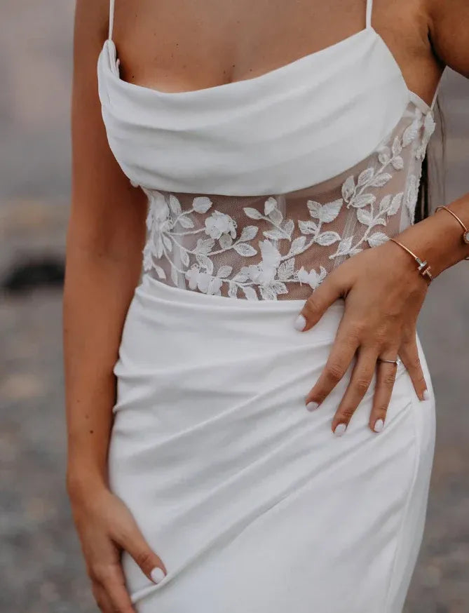 White Lace Insert Mermaid Wedding Dress – Cowl Neck Spaghetti Strap Bridal Gown