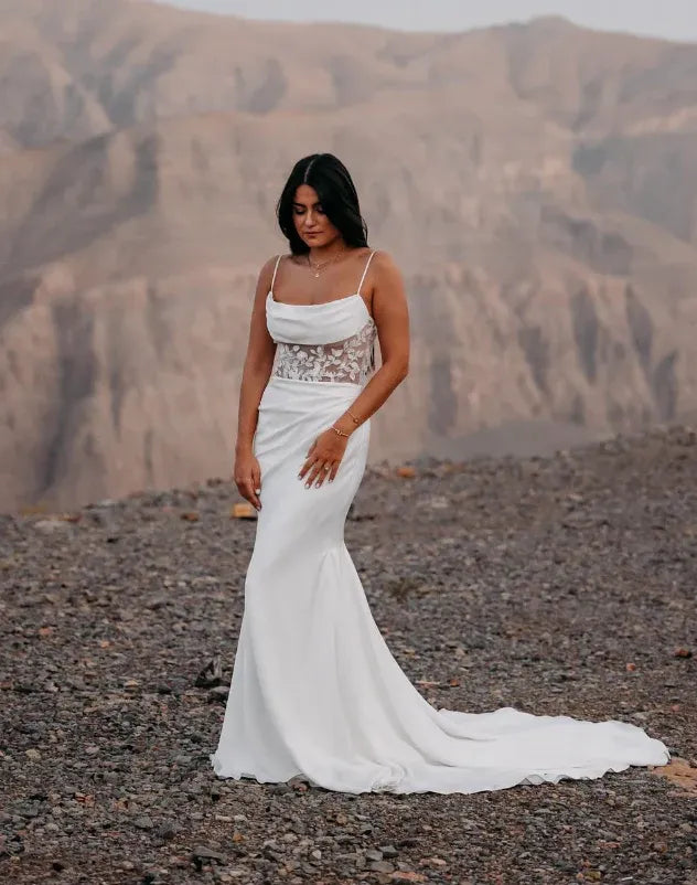White Lace Insert Mermaid Wedding Dress – Cowl Neck Spaghetti Strap Bridal Gown
