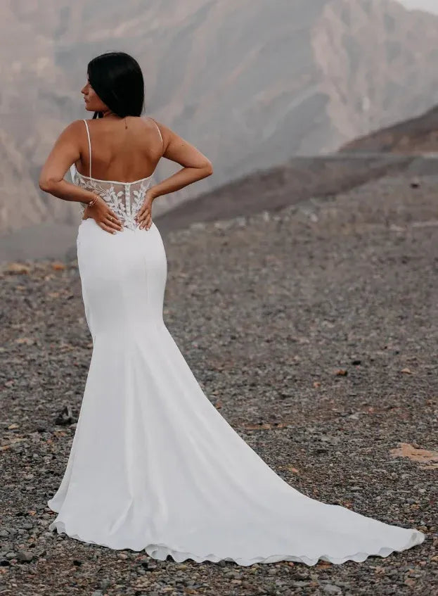 White Lace Insert Mermaid Wedding Dress – Cowl Neck Spaghetti Strap Bridal Gown