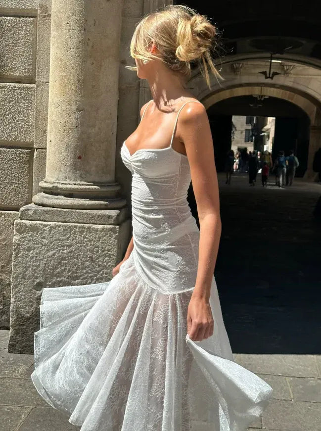 White Lace Sheer Spaghetti Strap Midi Dress – Ruched Bust Flounce Hem Party Cocktail Gown