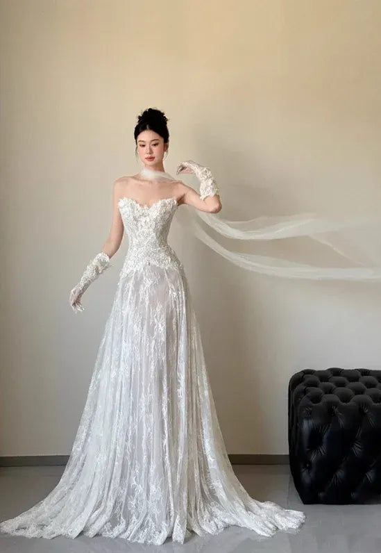 White Lace Strapless Mermaid Wedding Dress with Detachable Tulle Sash