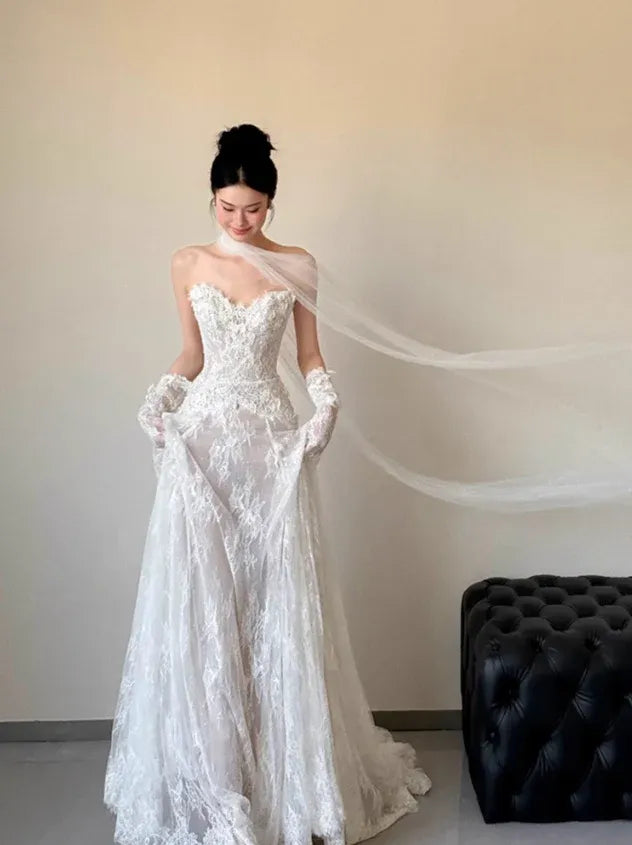 White Lace Strapless Mermaid Wedding Dress with Detachable Tulle Sash