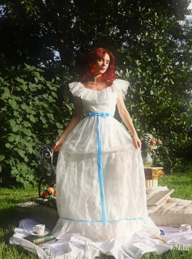 White Lace & Tulle Gown with Blue Satin Ribbon