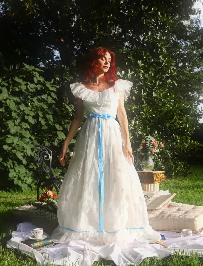 White Lace & Tulle Gown with Blue Satin Ribbon