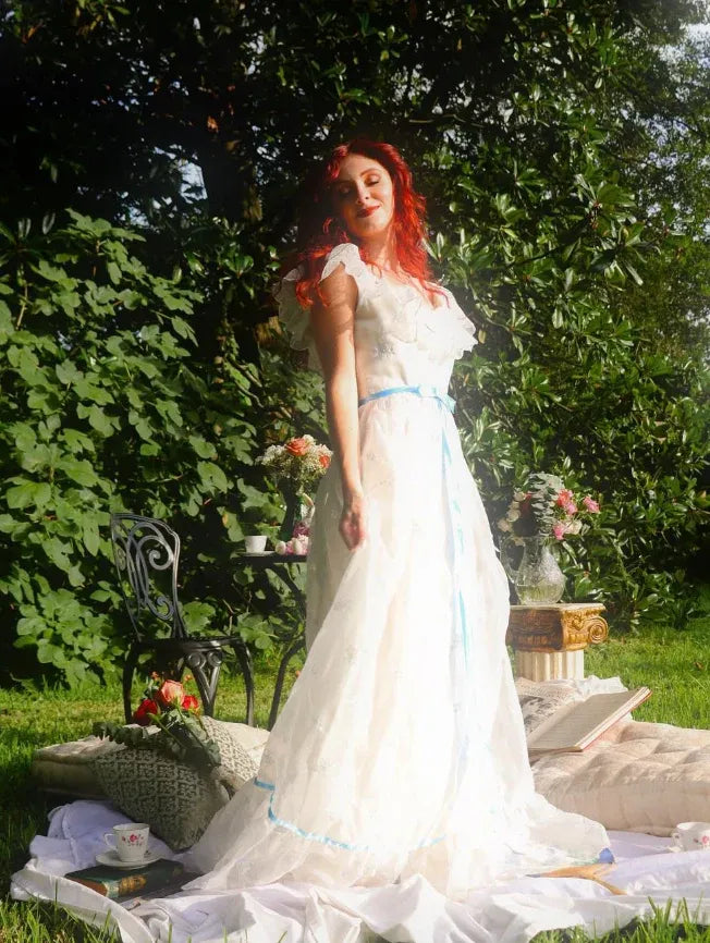White Lace & Tulle Gown with Blue Satin Ribbon