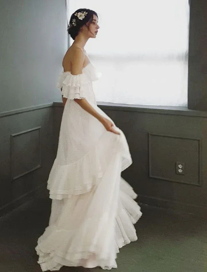 White Off-the-Shoulder Tiered Ruffle Tulle Gown