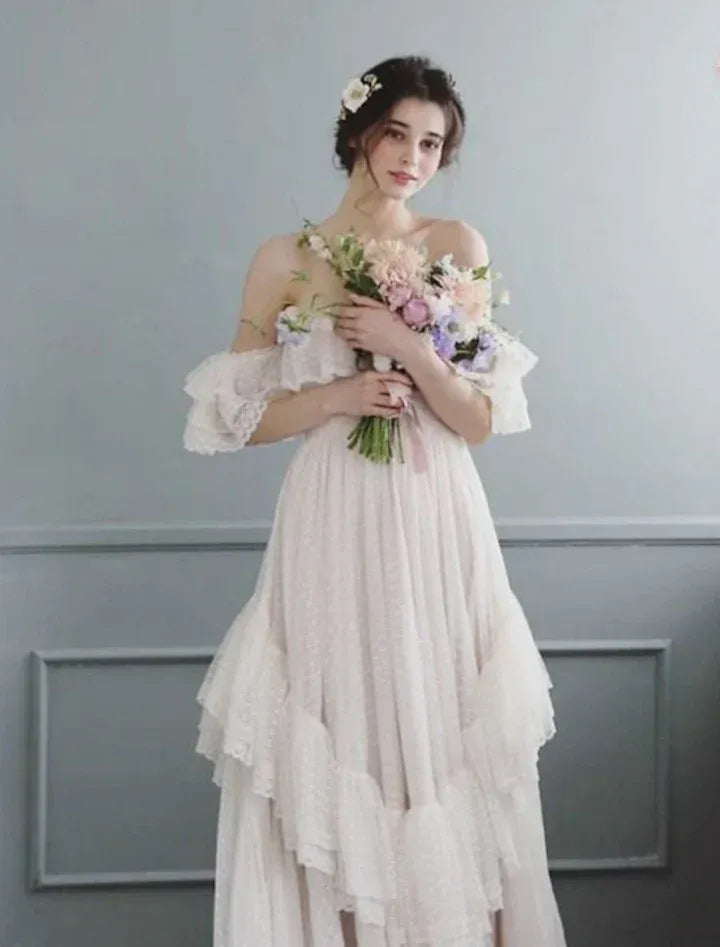 White Off-the-Shoulder Tiered Ruffle Tulle Gown